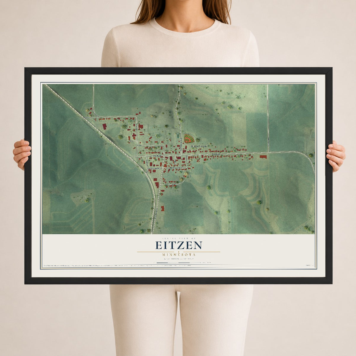 Map of Eitzen, Minnesota, 24 x 36 inch print in a black wood frame