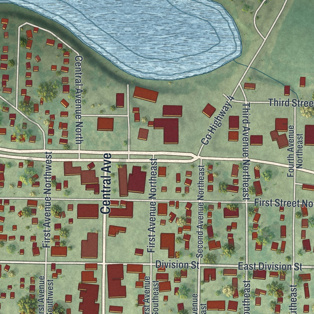 Second close-up of the map of Elbow Lake, Minnesota print showing more streets and buildings