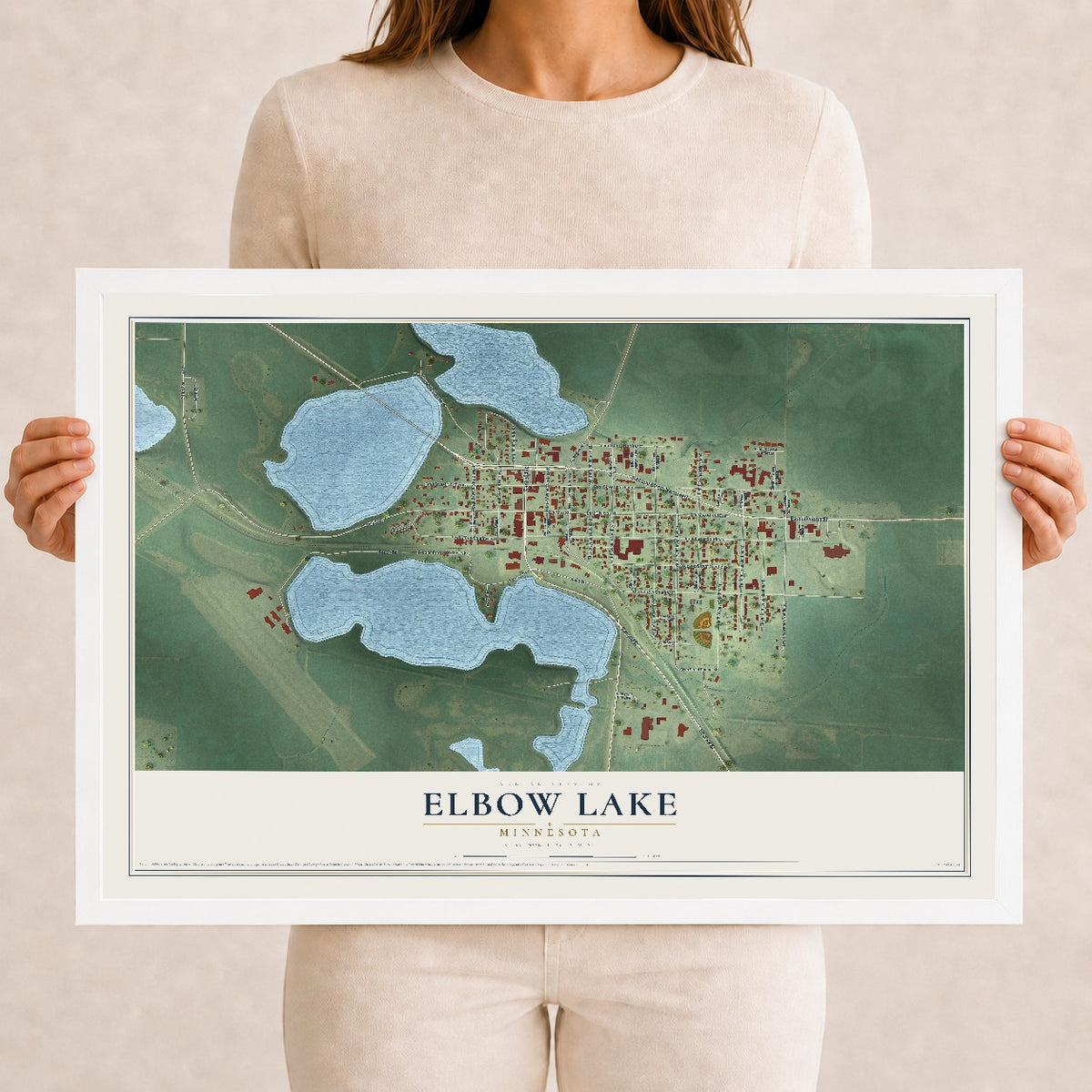 Map of Elbow Lake, Minnesota, 12 x 18 inch print in a white wood frame