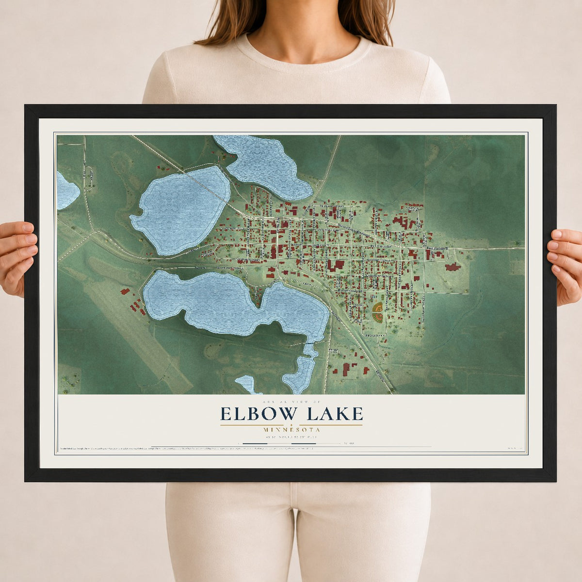 Map of Elbow Lake, Minnesota, 18 x 24 inch print in a black wood frame