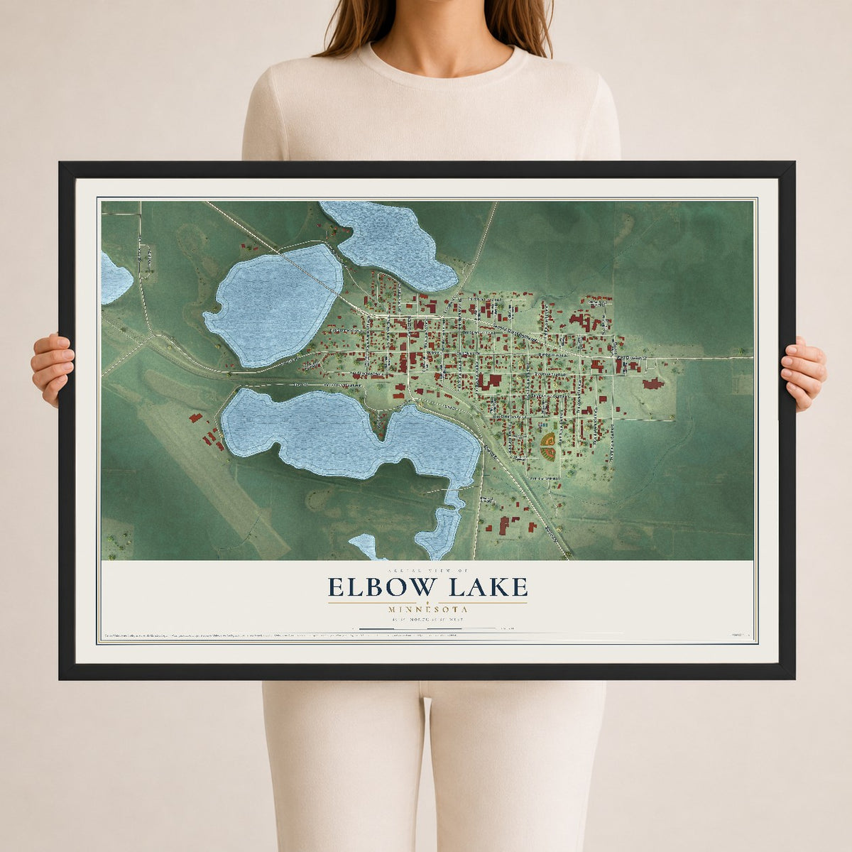 Map of Elbow Lake, Minnesota, 24 x 36 inch print in a black wood frame