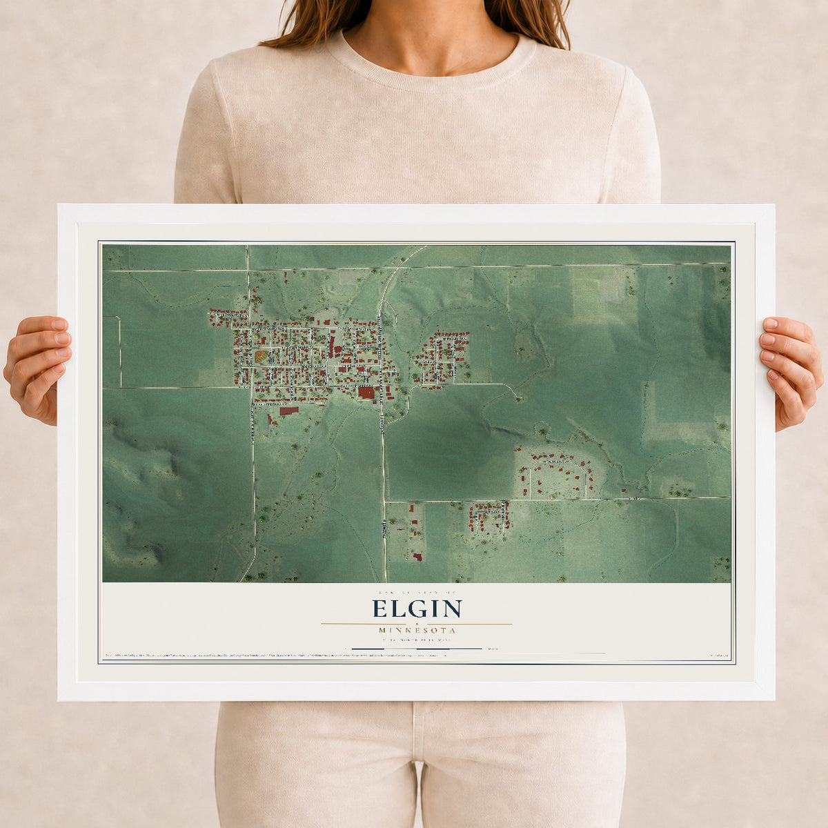 Map of Elgin, Minnesota, 12 x 18 inch print in a white wood frame