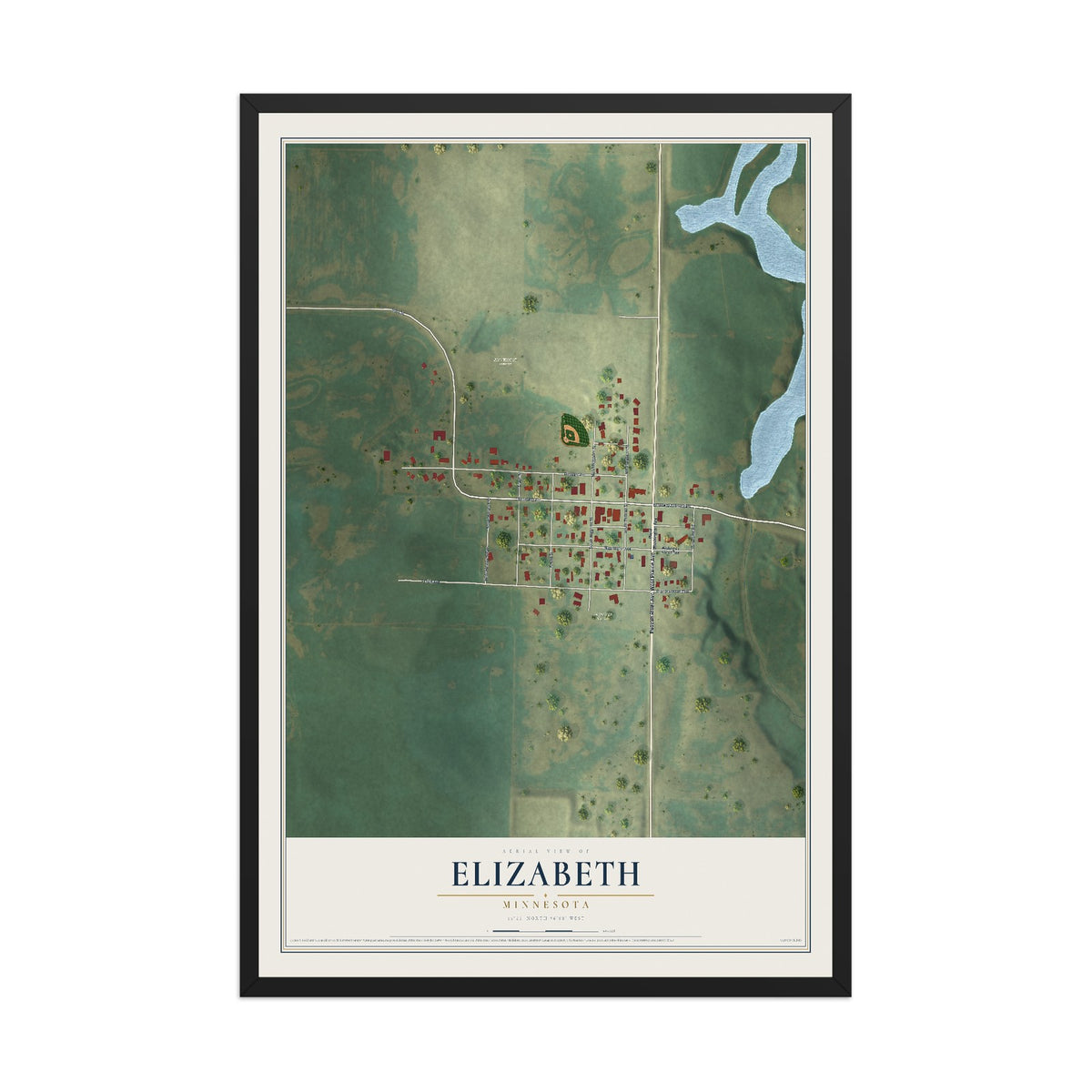 Map of Elizabeth, Minnesota, 12 x 18 inch print in a black wood frame