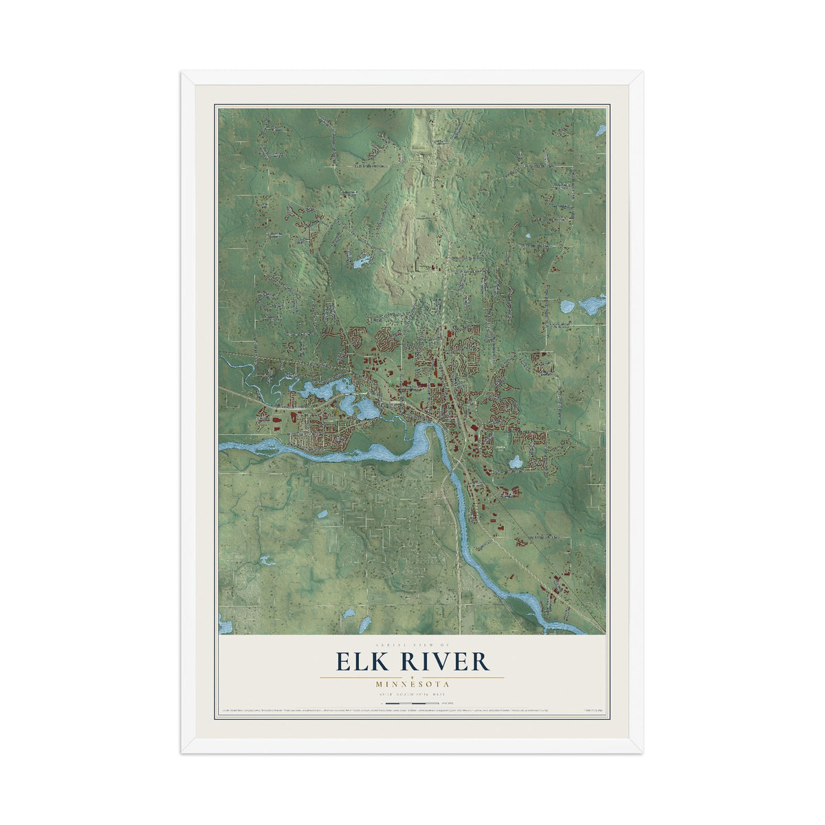 Map of Elk River, Minnesota, 12 x 18 inch print in a white wood frame