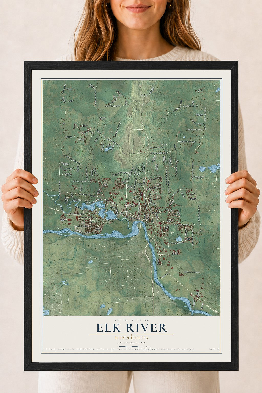 Map of Elk River, Minnesota, 18 x 24 inch print in a black wood frame