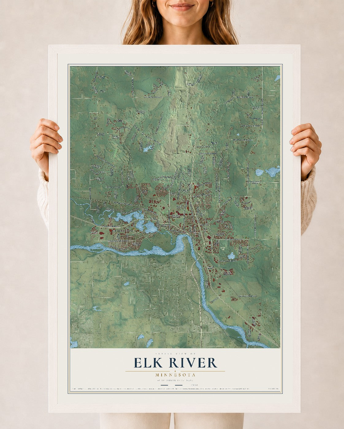 Map of Elk River, Minnesota, 24 x 36 inch print in a white wood frame