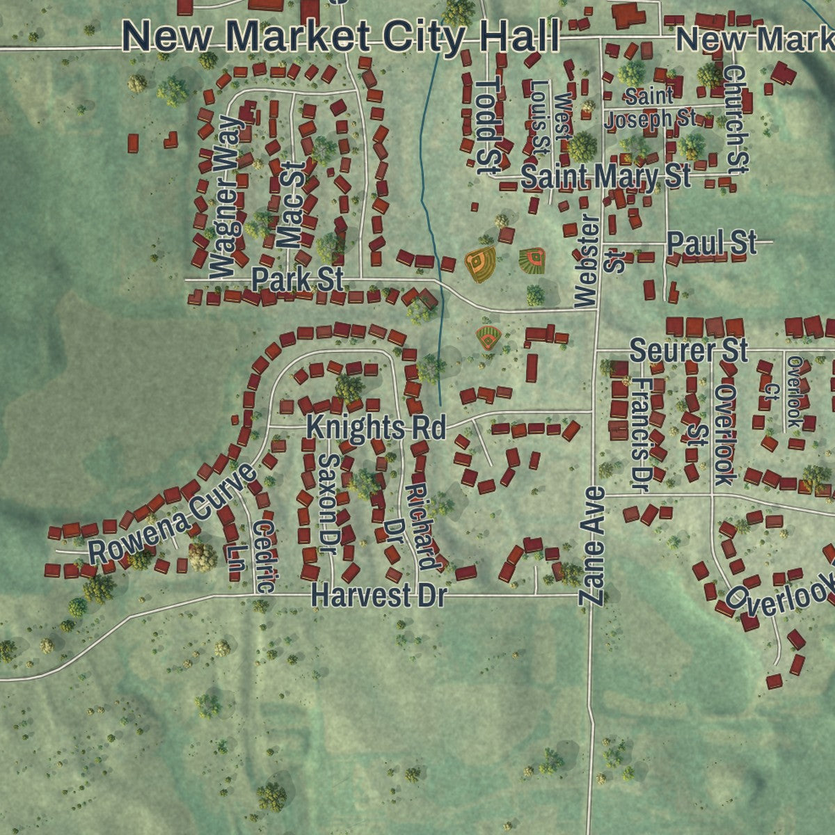 Close-up of the map of Elko New Market, Minnesota print showing street and building detail