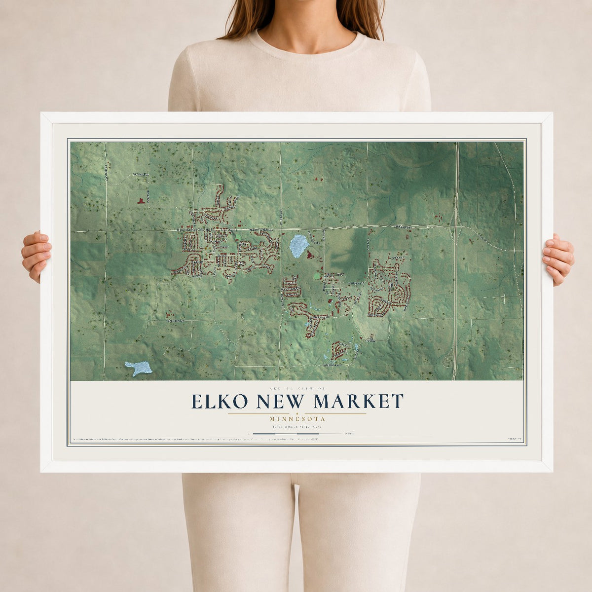 Map of Elko New Market, Minnesota, 24 x 36 inch print in a white wood frame