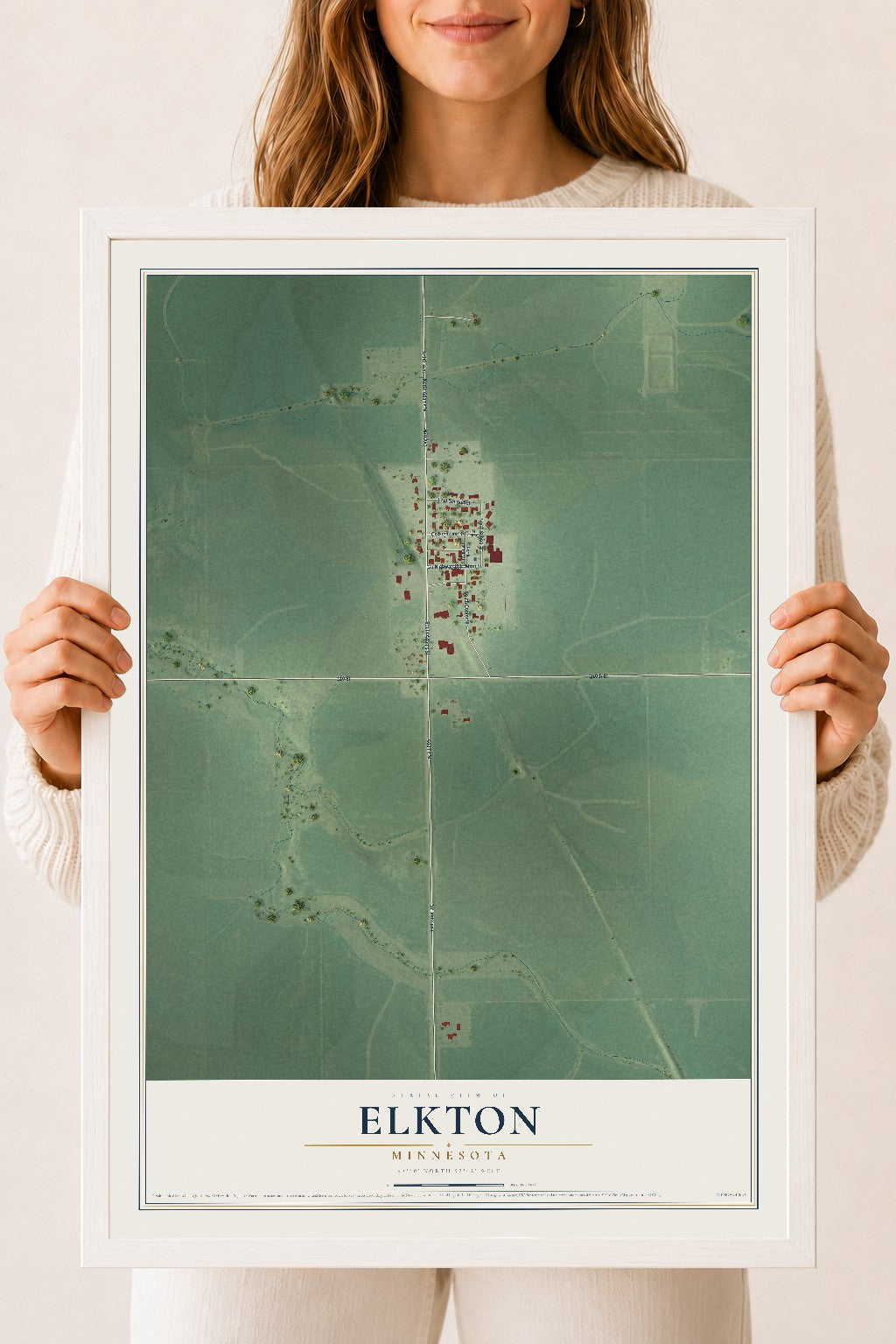 Map of Elkton, Minnesota, 18 x 24 inch print in a white wood frame