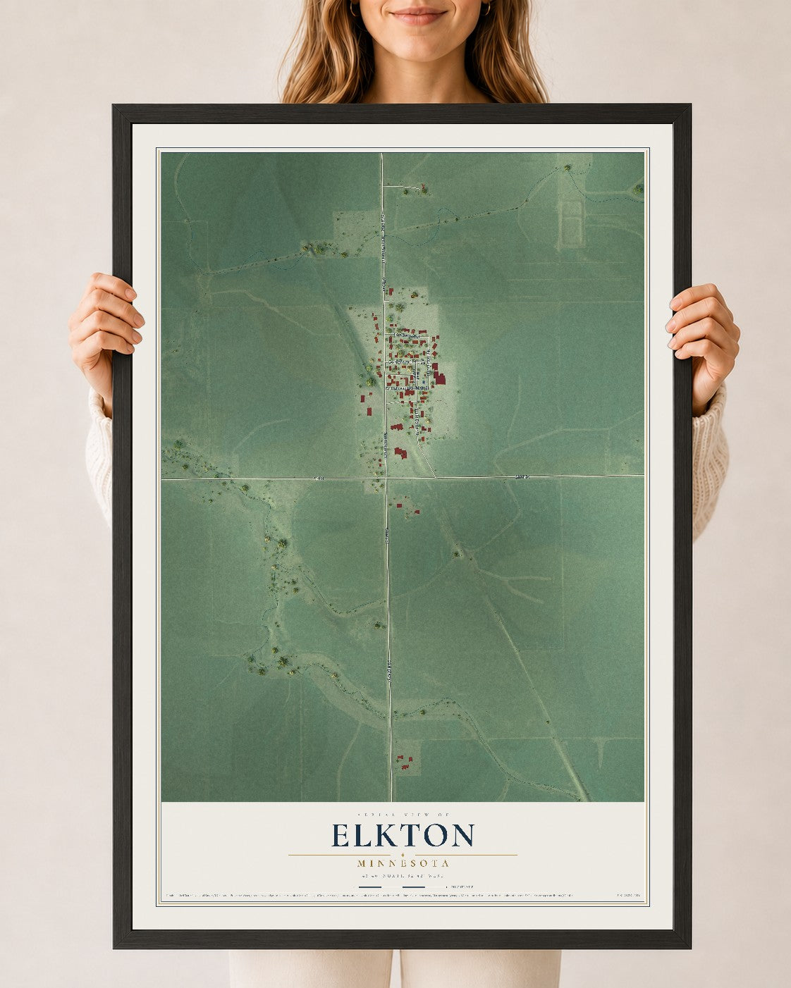 Map of Elkton, Minnesota, 24 x 36 inch print in a black wood frame