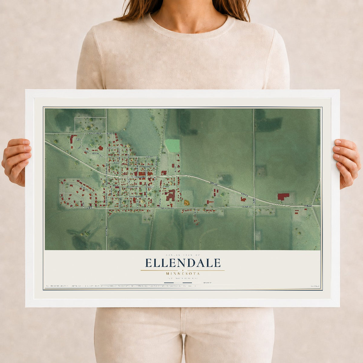 Map of Ellendale, Minnesota, 12 x 18 inch print in a white wood frame