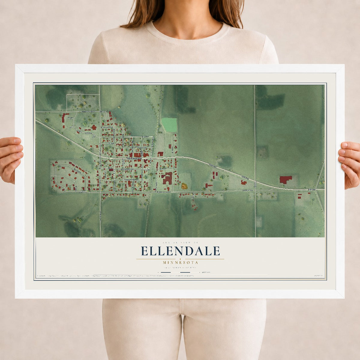 Map of Ellendale, Minnesota, 18 x 24 inch print in a white wood frame