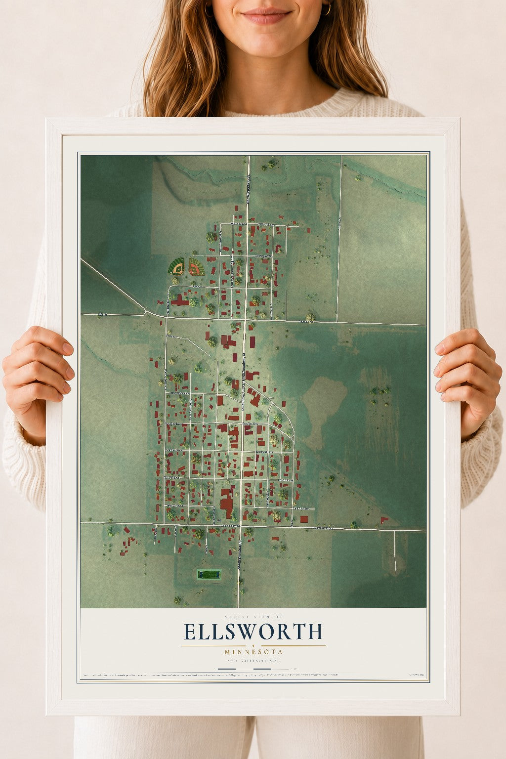 Map of Ellsworth, Minnesota, 18 x 24 inch print in a white wood frame