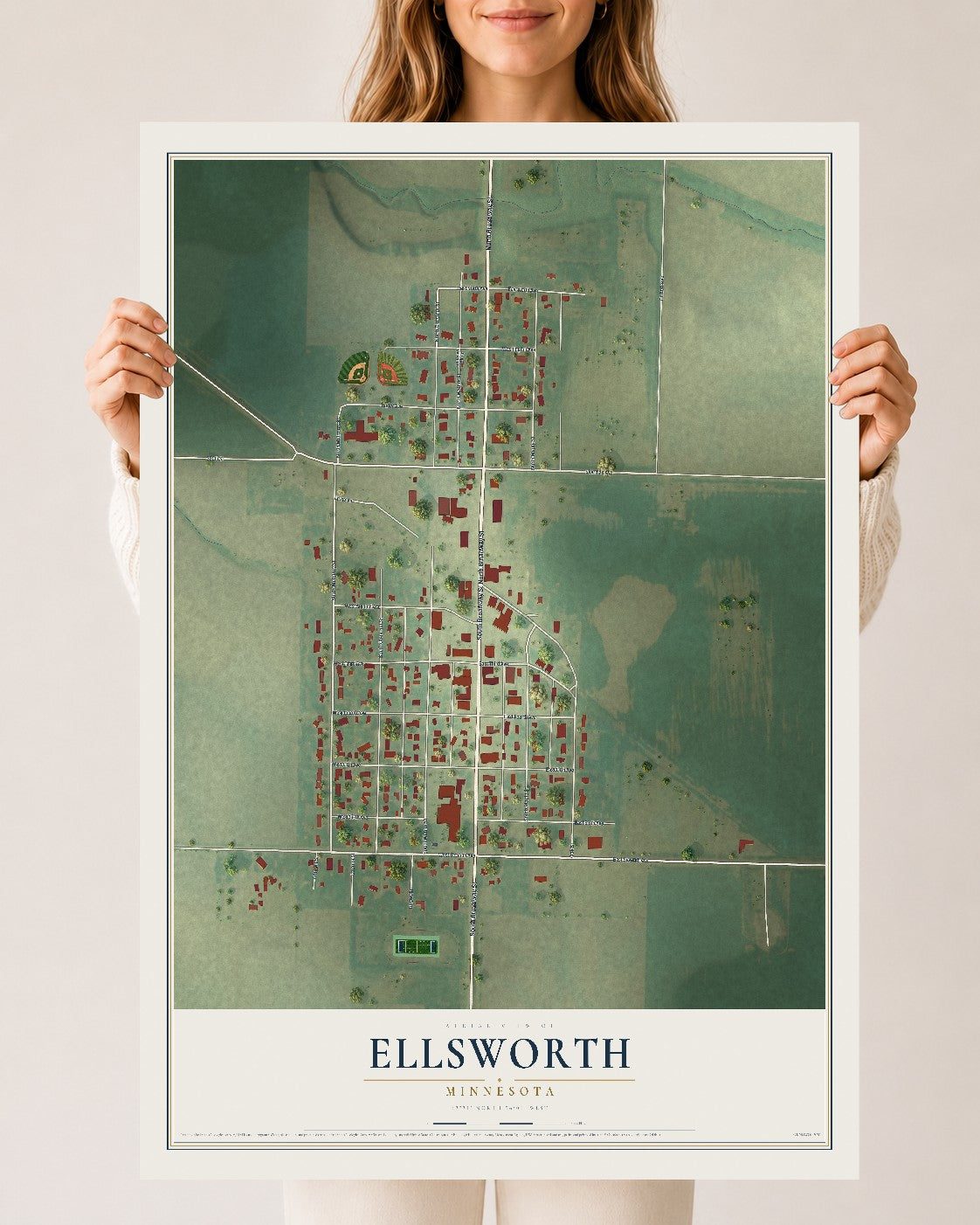 Map of Ellsworth, Minnesota, 24 x 36 inch unframed archival matte print