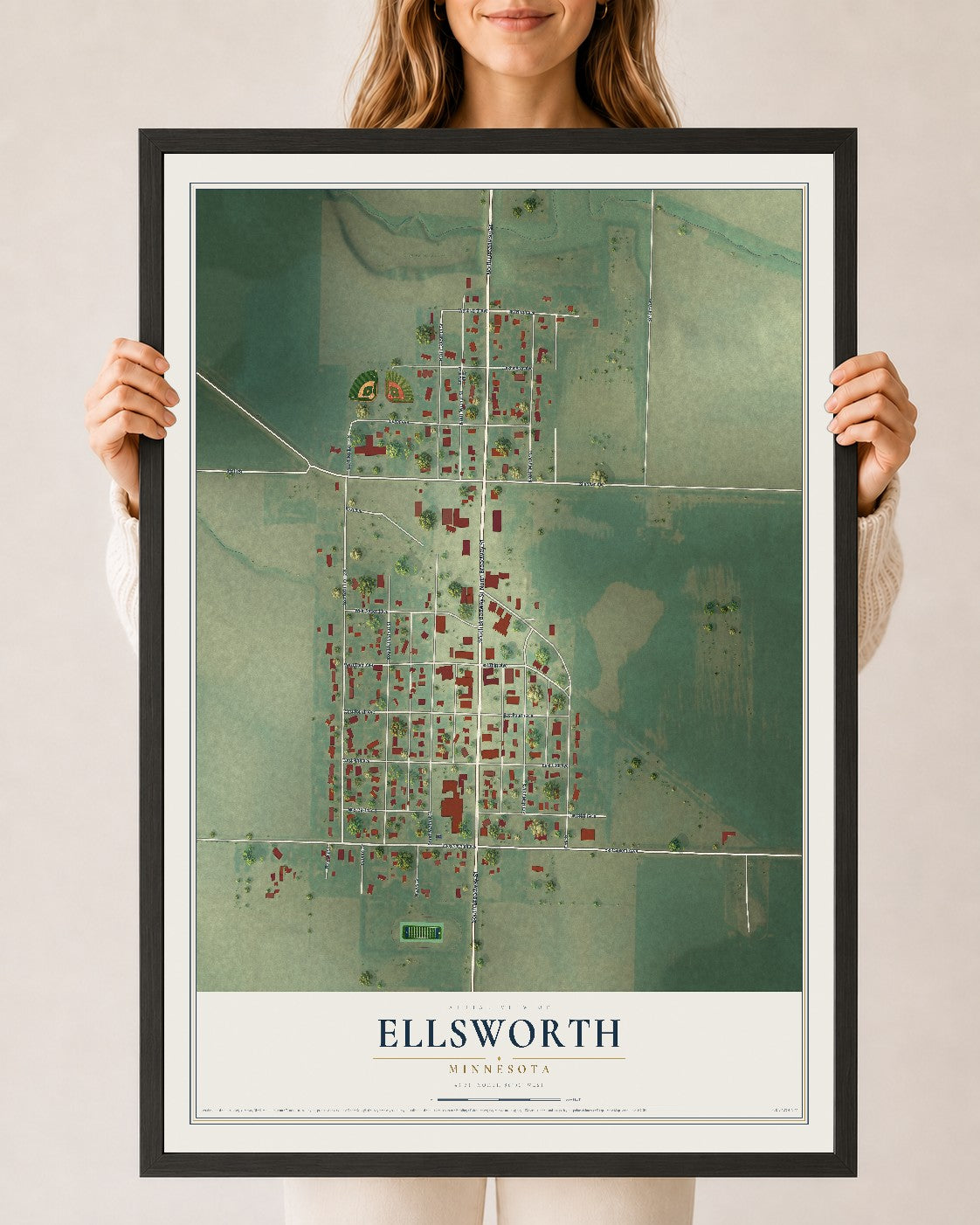 Map of Ellsworth, Minnesota, 24 x 36 inch print in a black wood frame