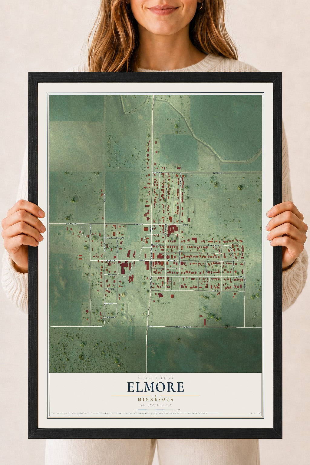Map of Elmore, Minnesota, 18 x 24 inch print in a black wood frame