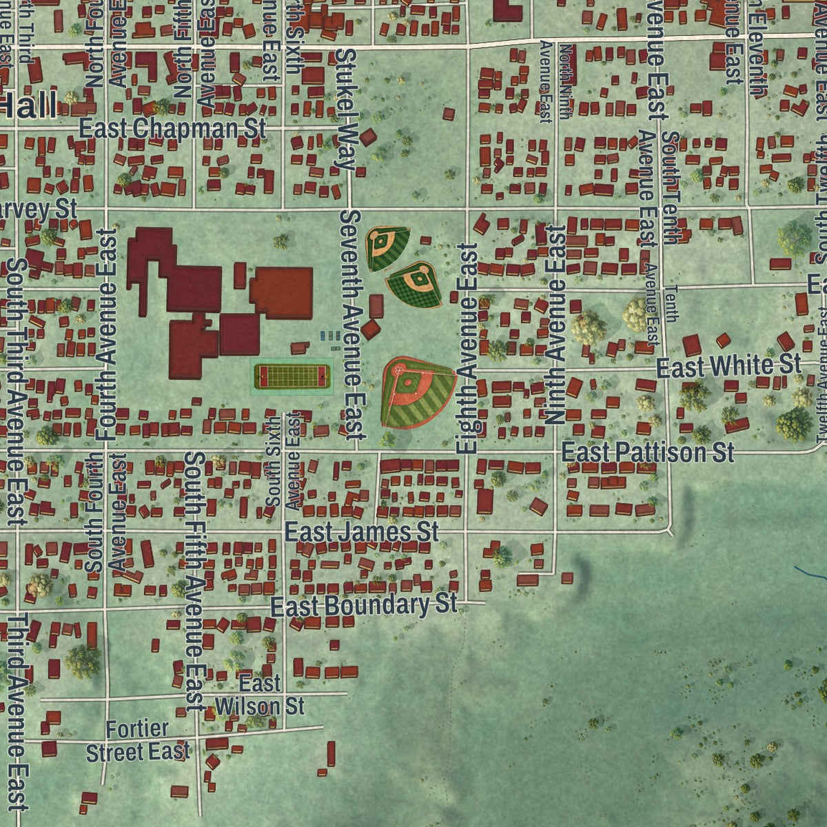 Close-up of the map of Ely, Minnesota print showing street and building detail