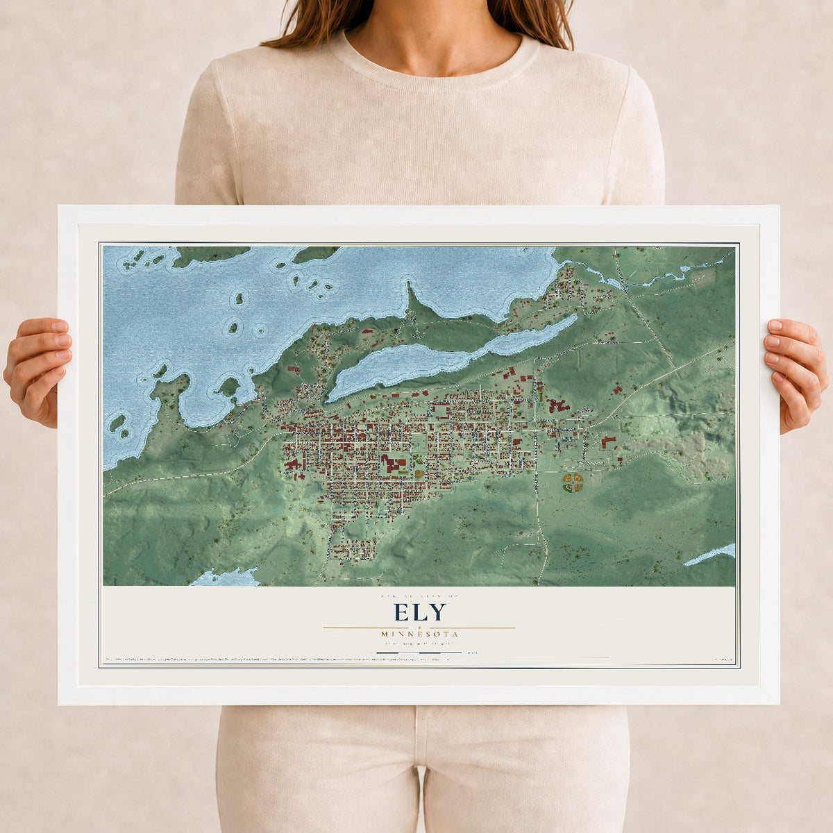Map of Ely, Minnesota, 12 x 18 inch print in a white wood frame