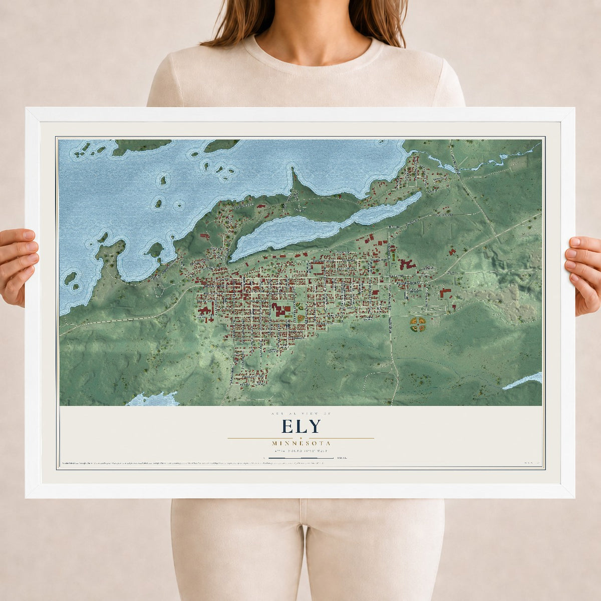 Map of Ely, Minnesota, 18 x 24 inch print in a white wood frame