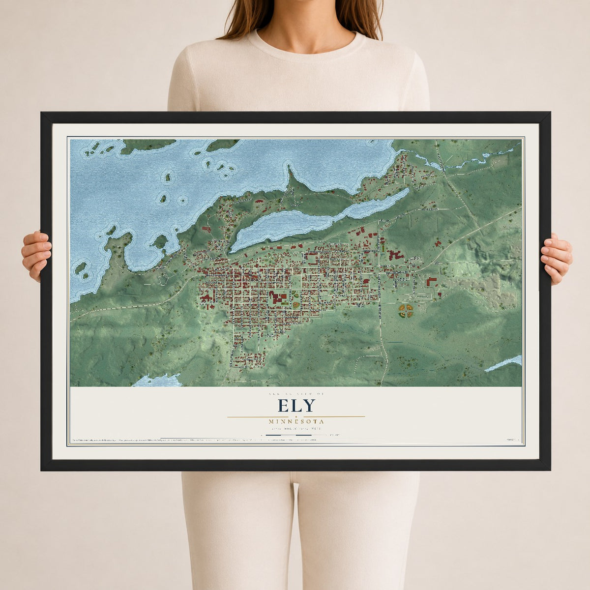 Map of Ely, Minnesota, 24 x 36 inch print in a black wood frame