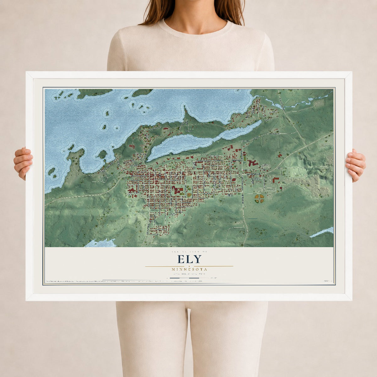 Map of Ely, Minnesota, 24 x 36 inch print in a white wood frame