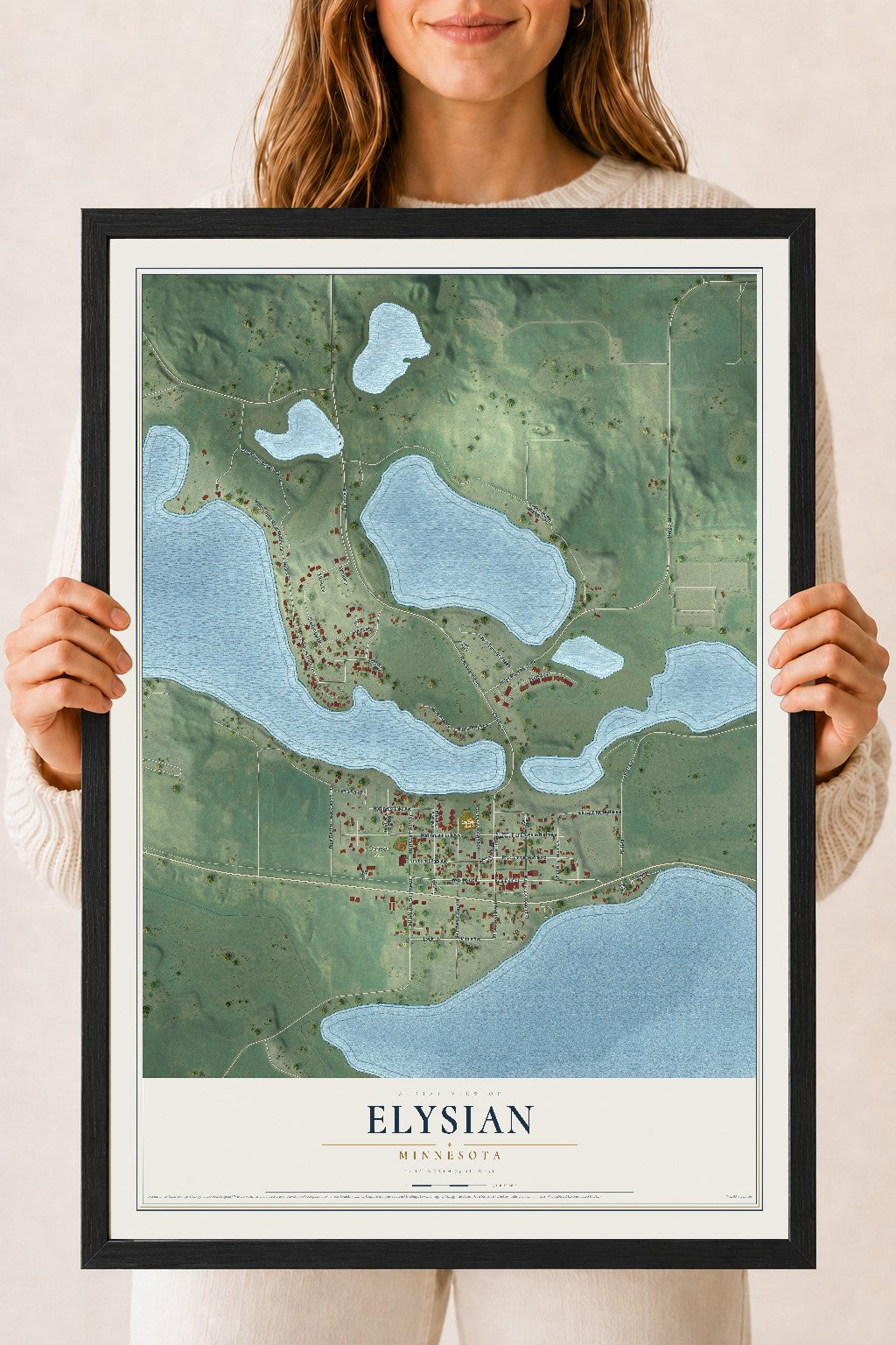 Map of Elysian, Minnesota, 18 x 24 inch print in a black wood frame