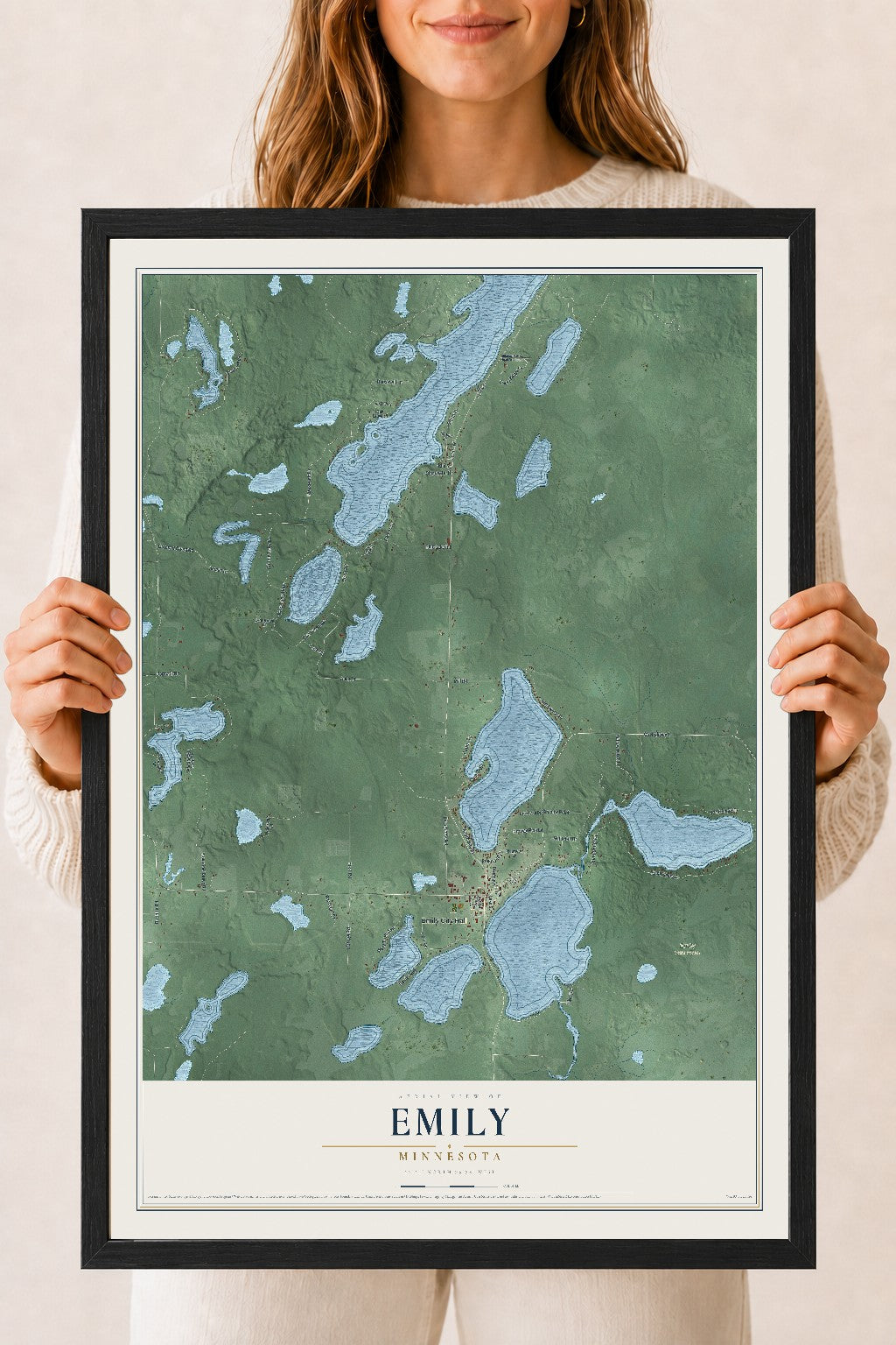 Map of Emily, Minnesota, 18 x 24 inch print in a black wood frame
