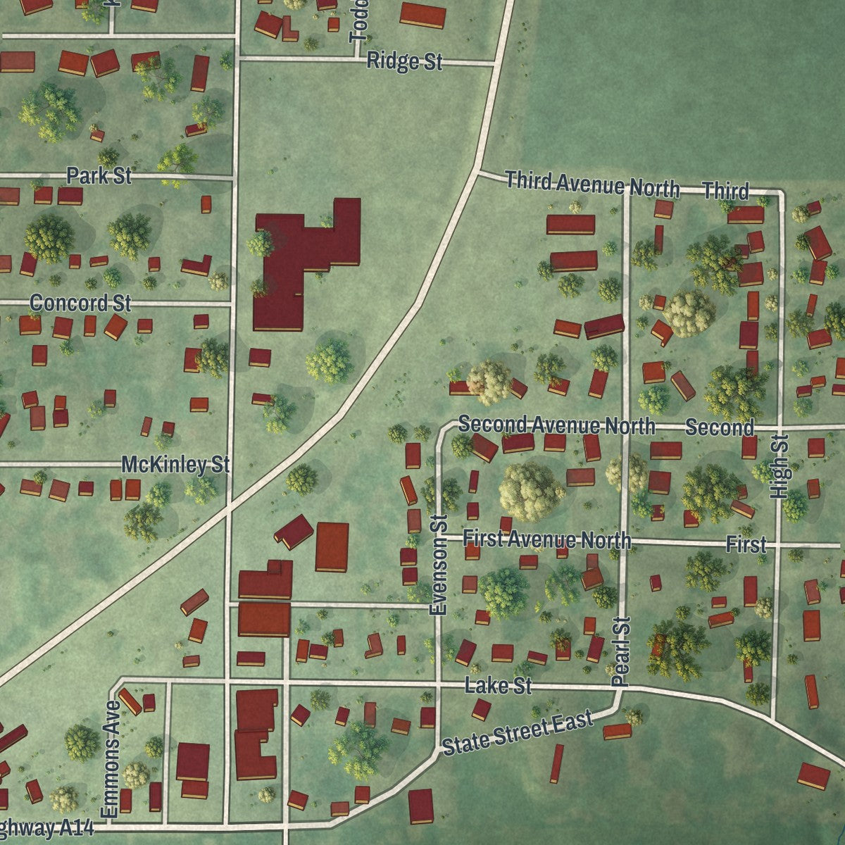 Close-up of the map of Emmons, Minnesota print showing street and building detail
