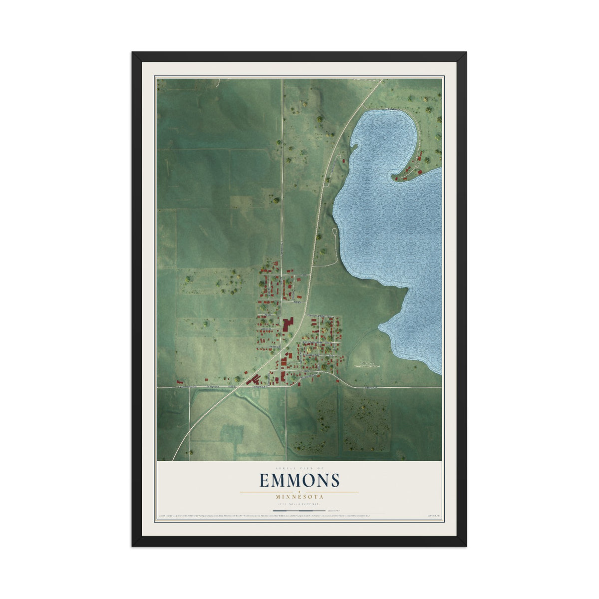 Map of Emmons, Minnesota, 12 x 18 inch print in a black wood frame