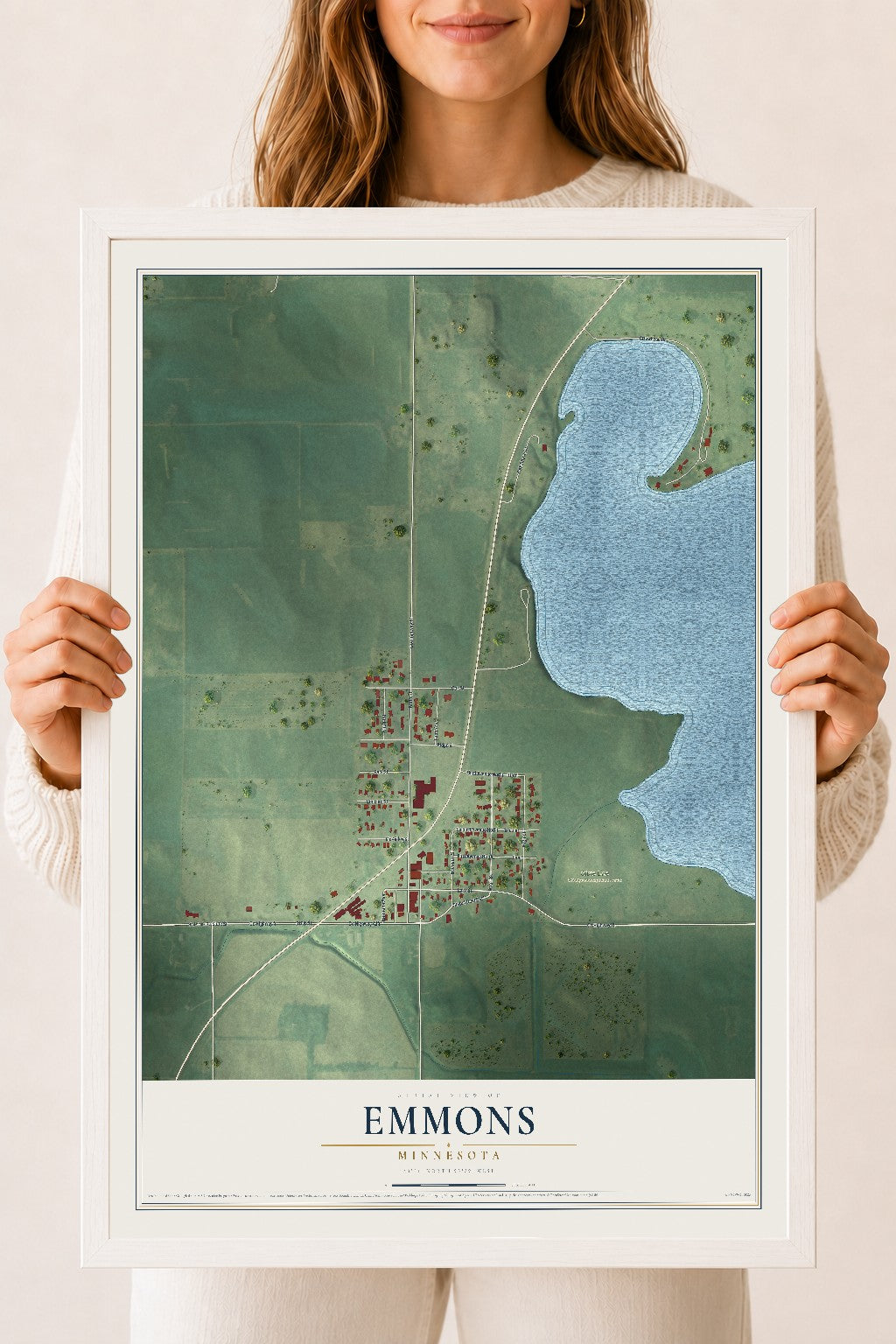 Map of Emmons, Minnesota, 18 x 24 inch print in a white wood frame