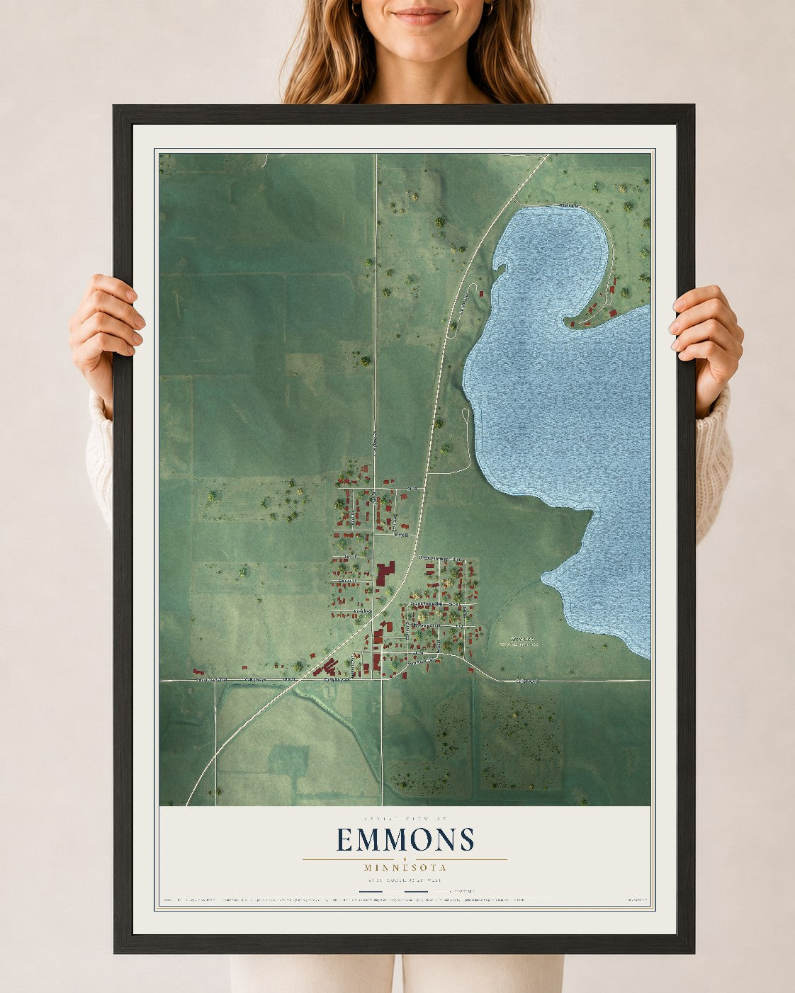 Map of Emmons, Minnesota, 24 x 36 inch print in a black wood frame