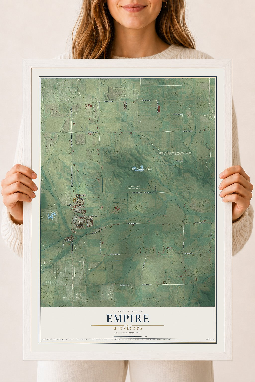 Map of Empire, Minnesota, 18 x 24 inch print in a white wood frame