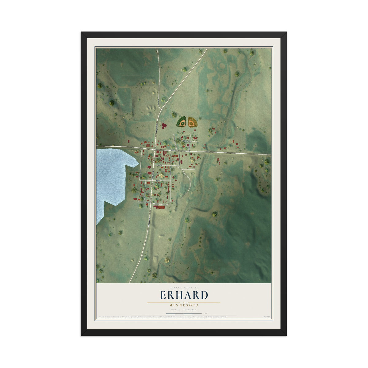 Map of Erhard, Minnesota, 12 x 18 inch print in a black wood frame