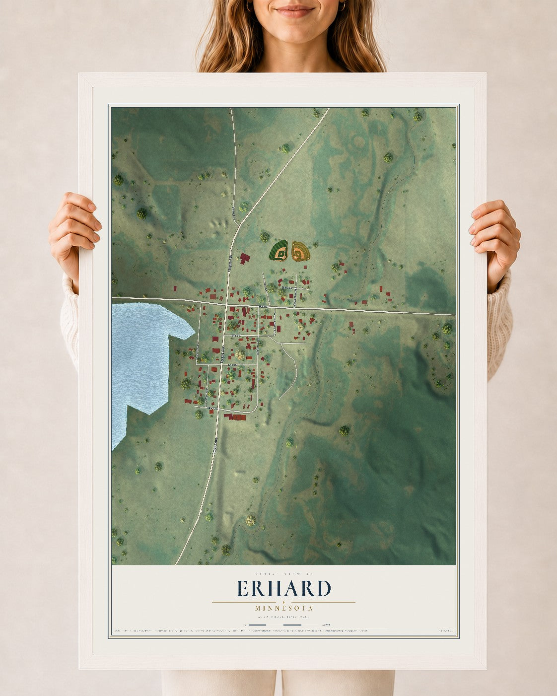 Map of Erhard, Minnesota, 24 x 36 inch print in a white wood frame
