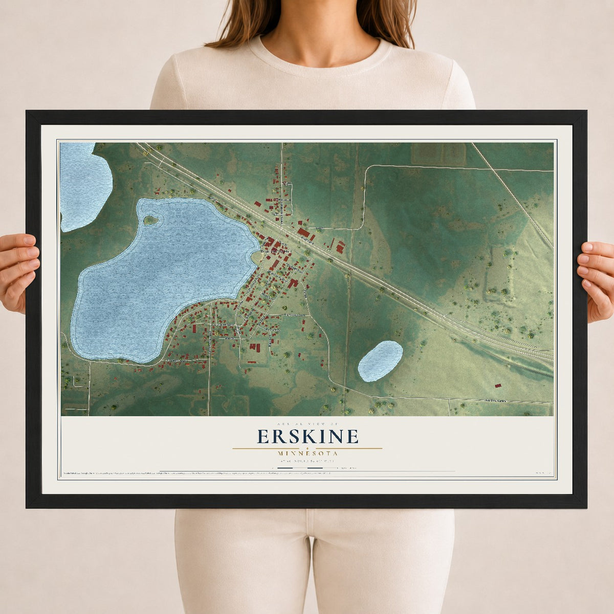 Map of Erskine, Minnesota, 18 x 24 inch print in a black wood frame