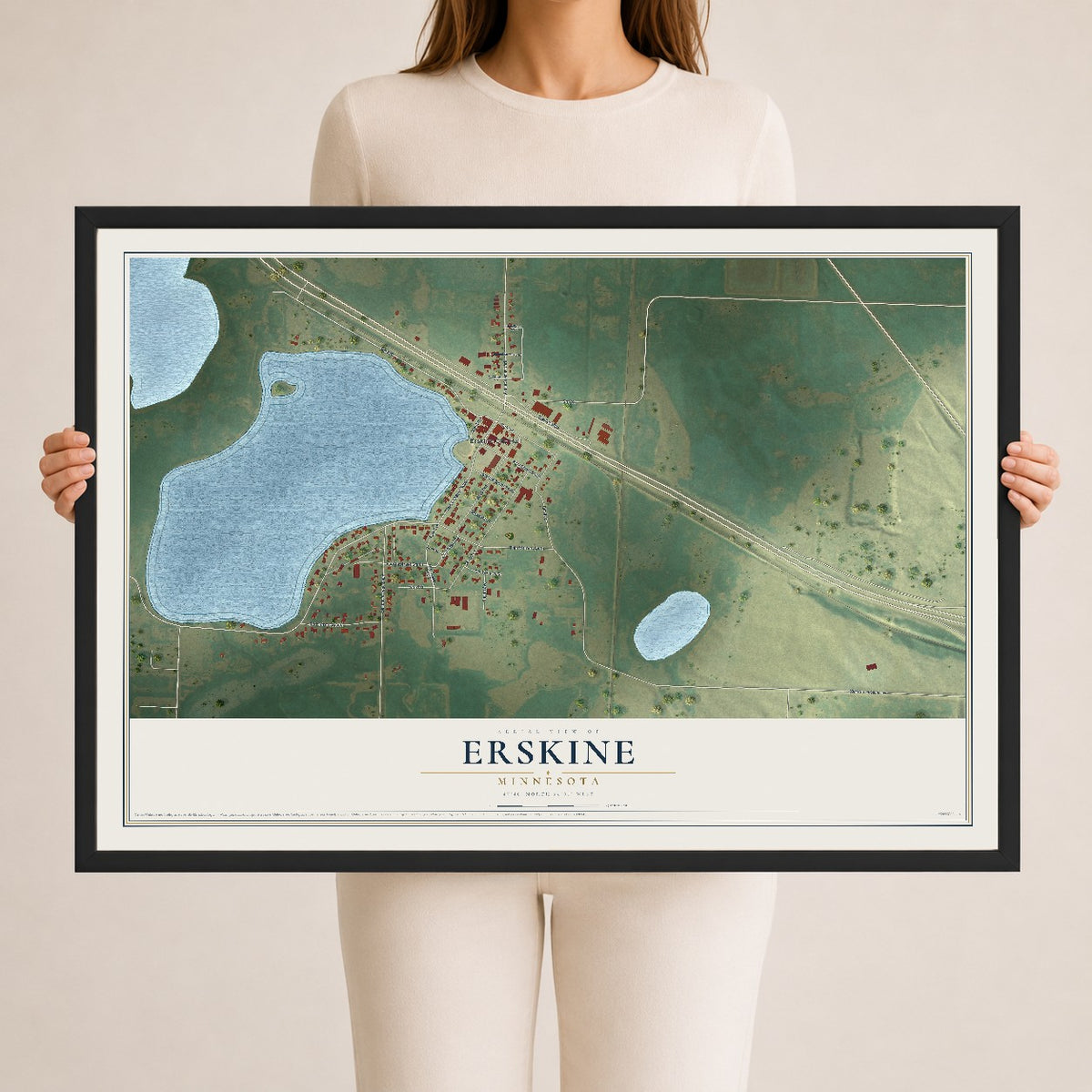 Map of Erskine, Minnesota, 24 x 36 inch print in a black wood frame