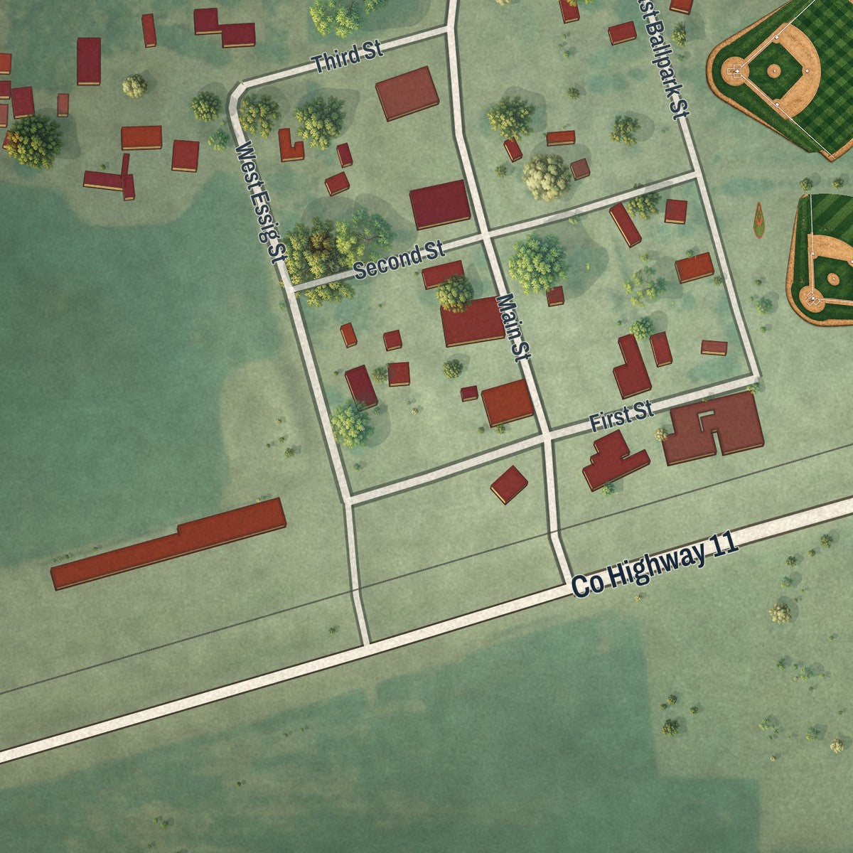 Close-up of the map of Essig, Minnesota print showing street and building detail
