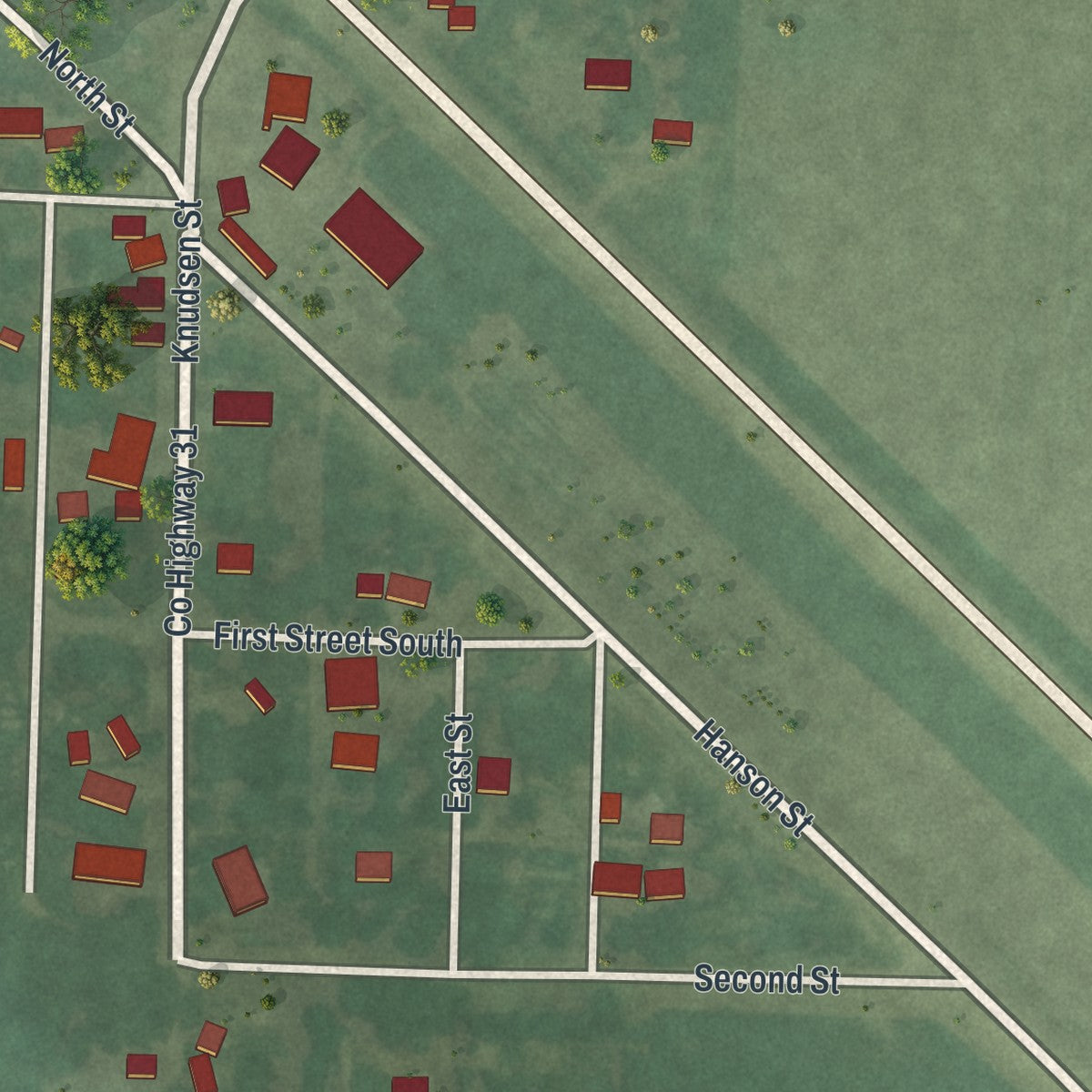 Close-up of the map of Evan, Minnesota print showing street and building detail