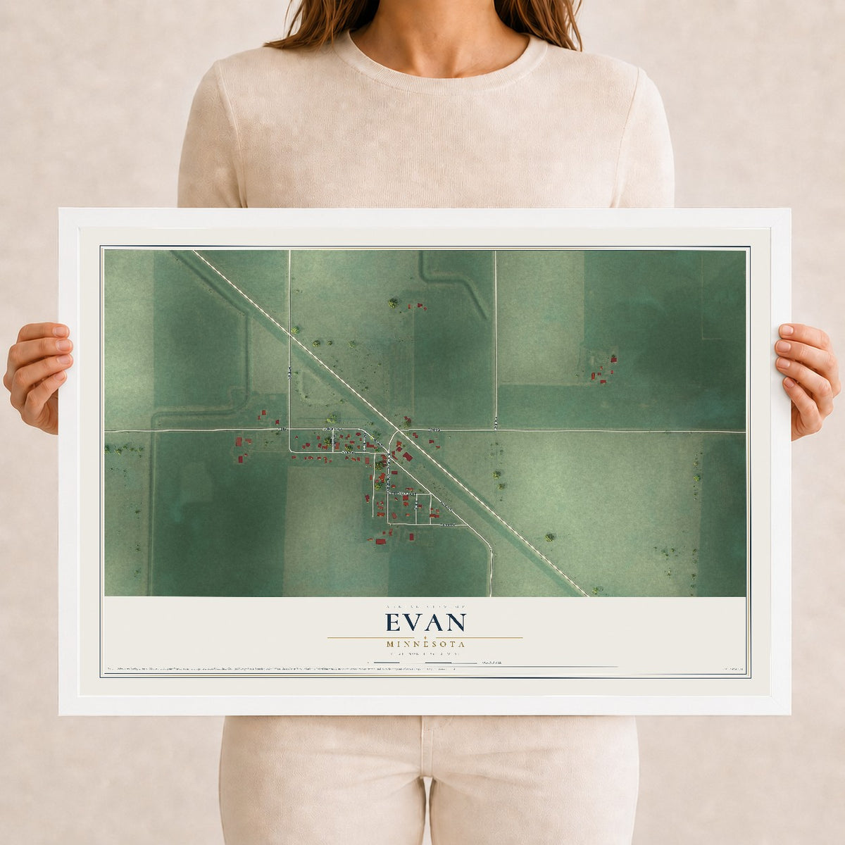 Map of Evan, Minnesota, 12 x 18 inch print in a white wood frame