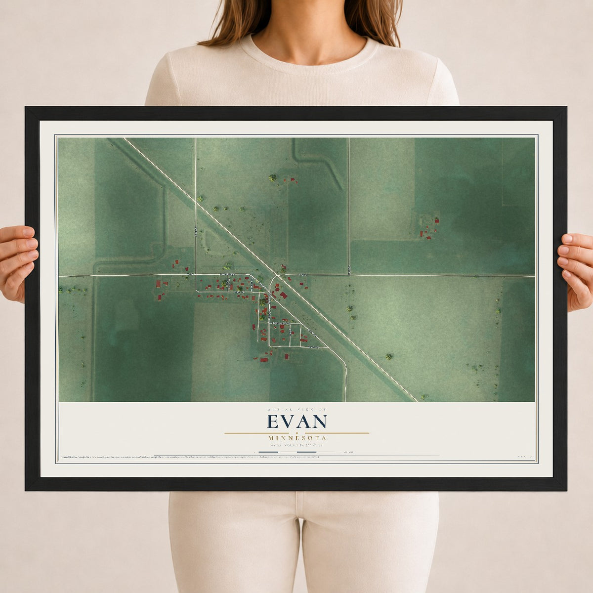 Map of Evan, Minnesota, 18 x 24 inch print in a black wood frame