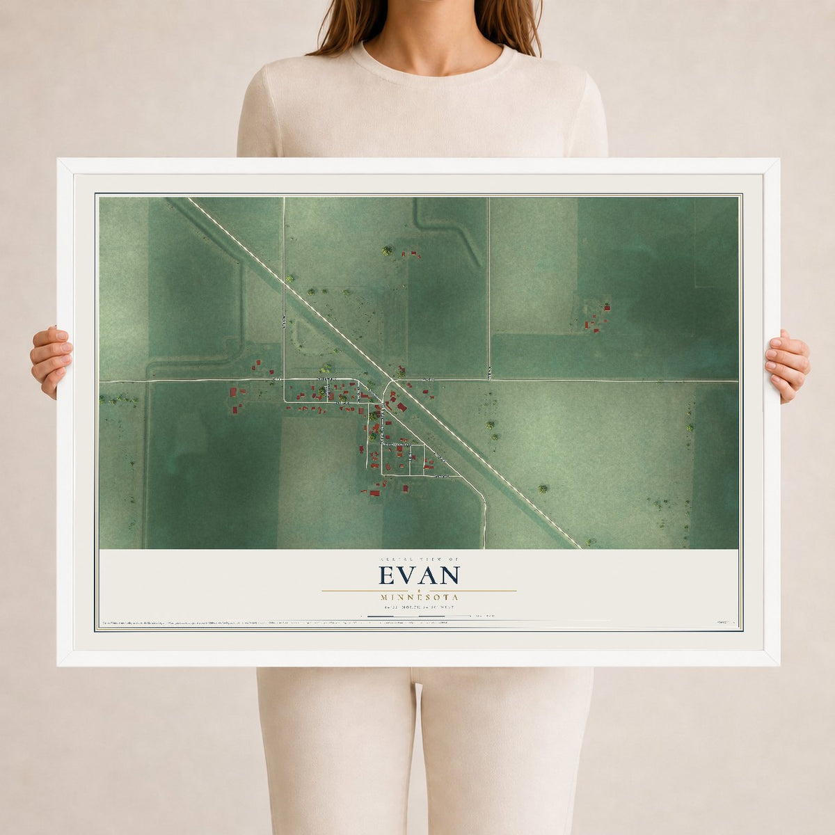 Map of Evan, Minnesota, 24 x 36 inch print in a white wood frame