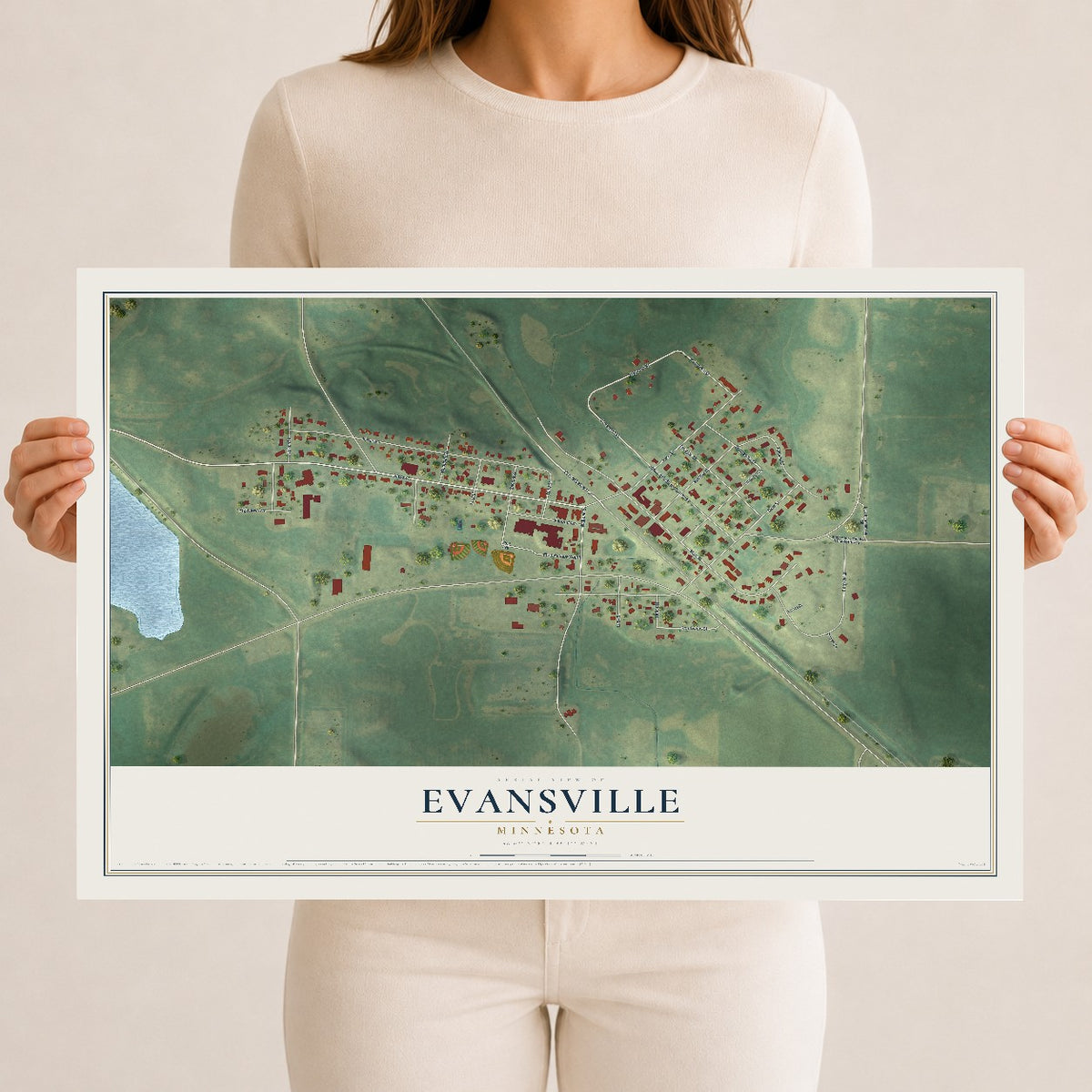 Map of Evansville, Minnesota, 12 x 18 inch unframed archival matte print