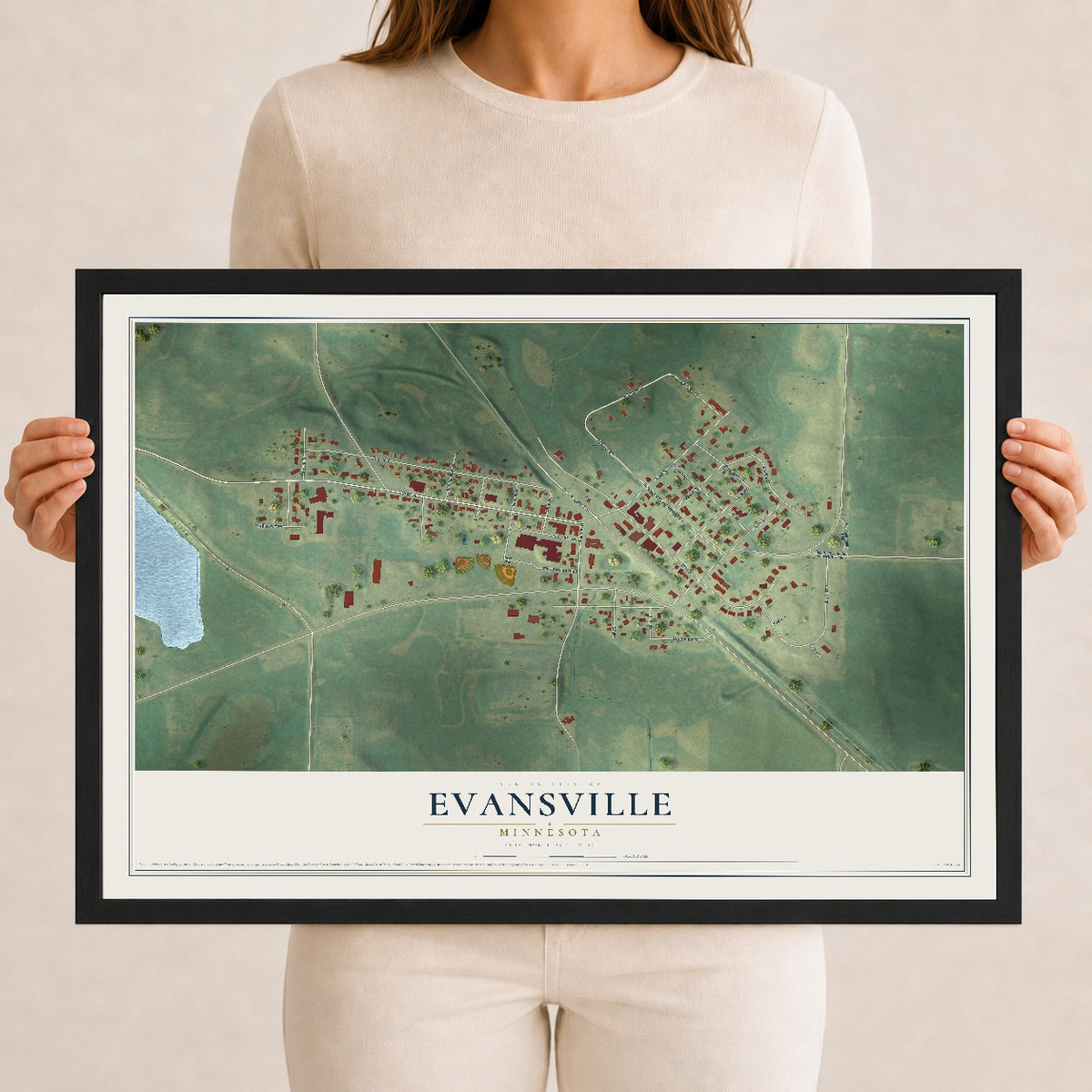 Map of Evansville, Minnesota, 12 x 18 inch print in a black wood frame