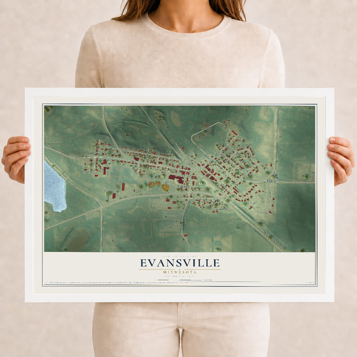 Map of Evansville, Minnesota, 12 x 18 inch print in a white wood frame