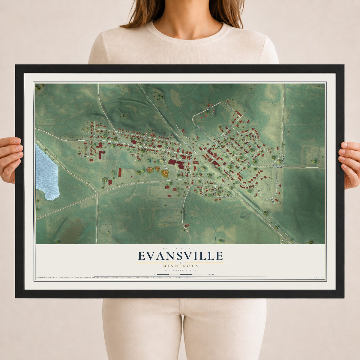 Map of Evansville, Minnesota, 18 x 24 inch print in a black wood frame