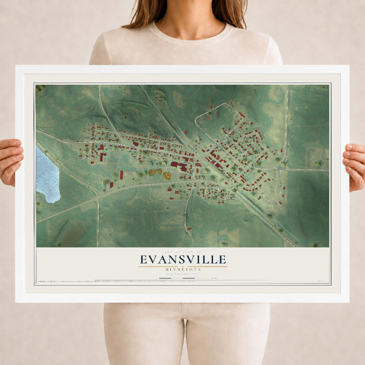 Map of Evansville, Minnesota, 18 x 24 inch print in a white wood frame