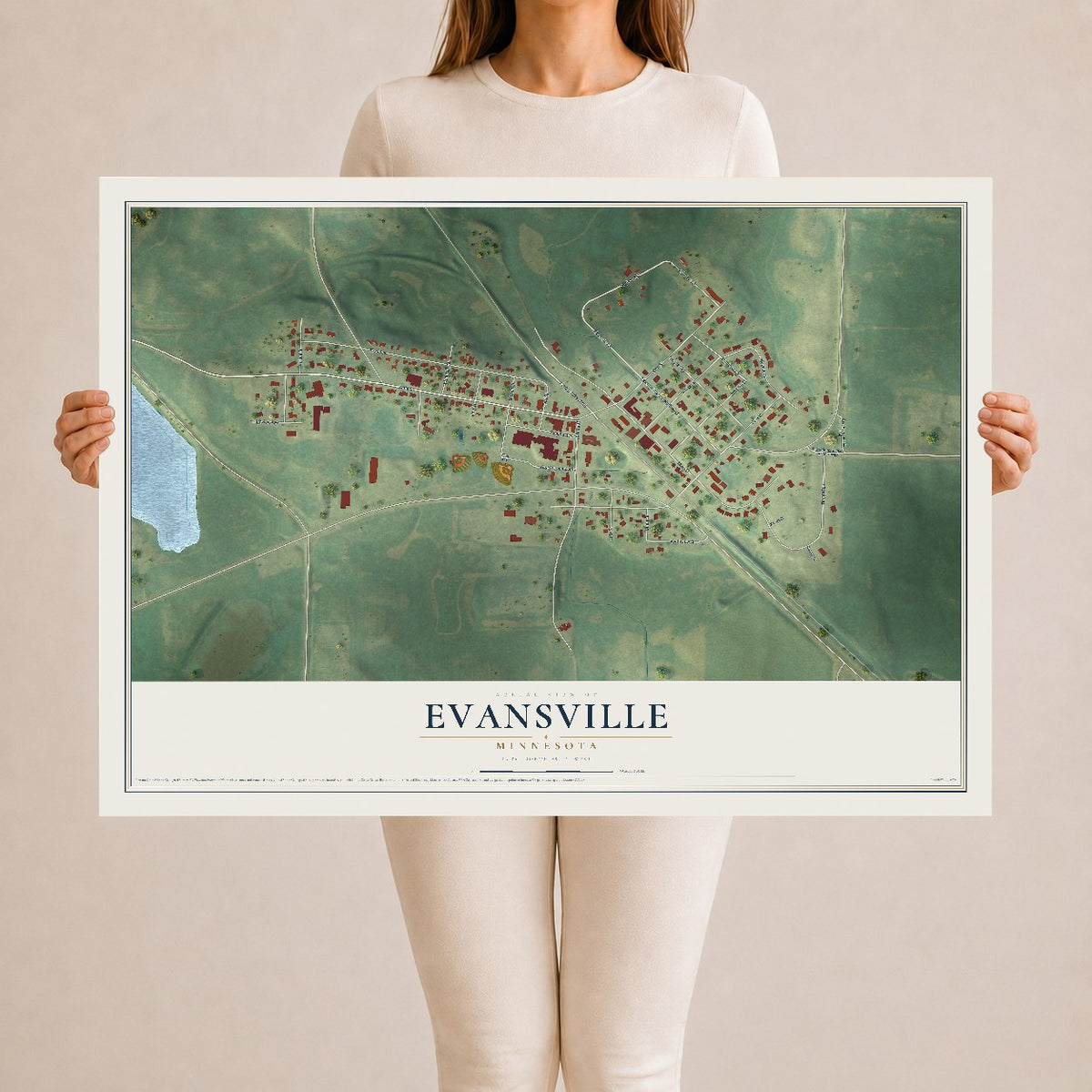 Map of Evansville, Minnesota, 24 x 36 inch unframed archival matte print
