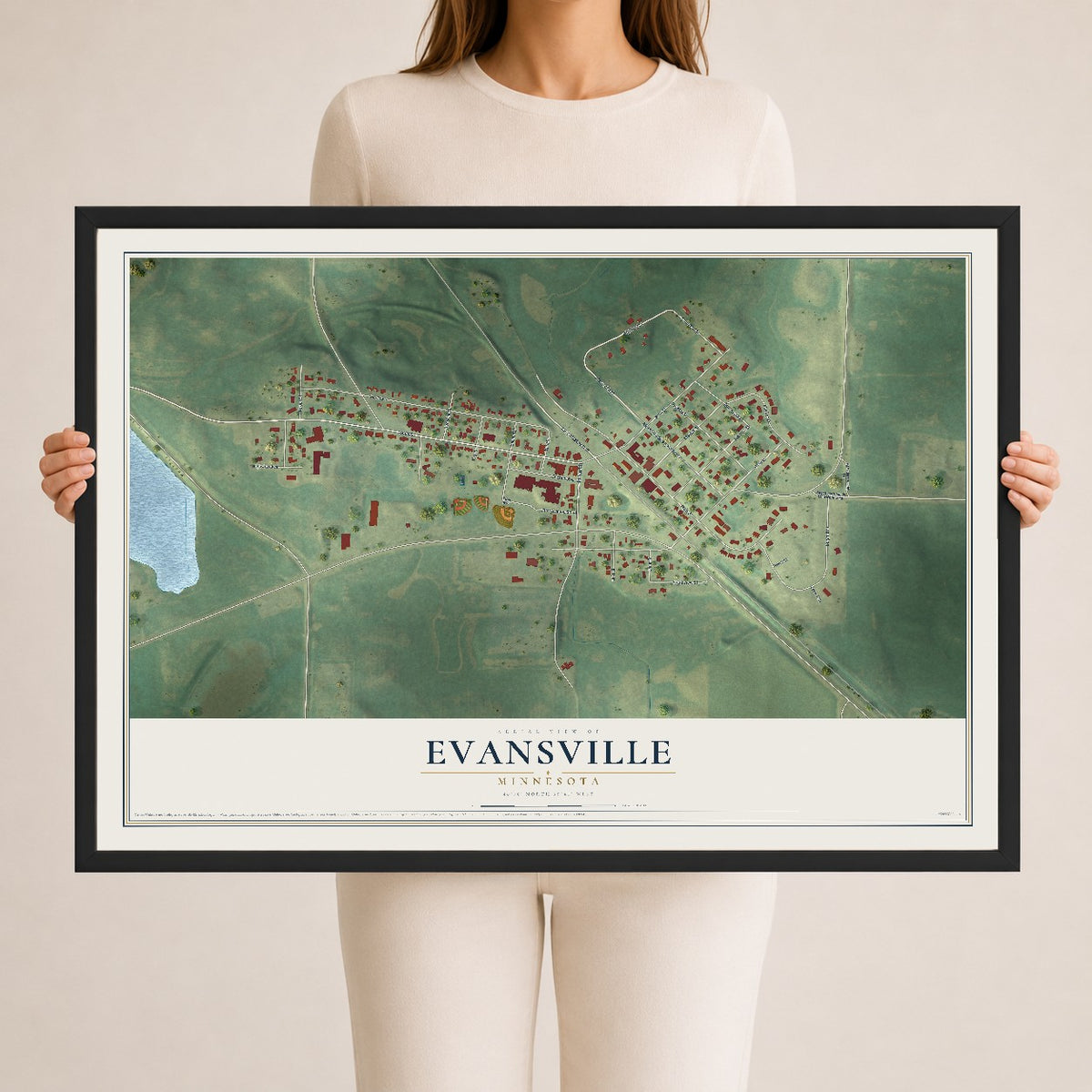 Map of Evansville, Minnesota, 24 x 36 inch print in a black wood frame