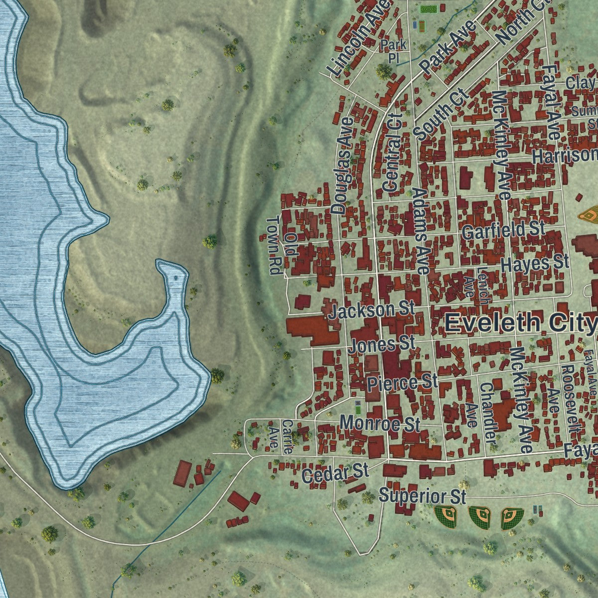 Close-up of the map of Eveleth, Minnesota print showing street and building detail