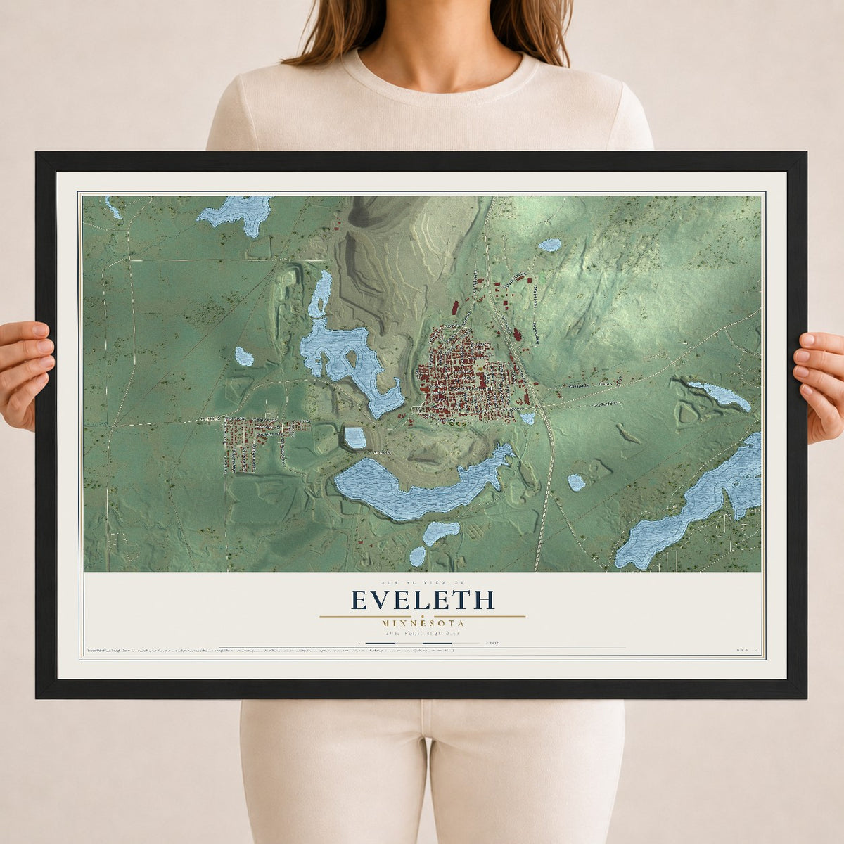 Map of Eveleth, Minnesota, 18 x 24 inch print in a black wood frame